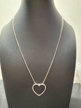 Sterling Silver Heart Pendant Necklace With Clear CZ Stones 18 Inches Long Elega